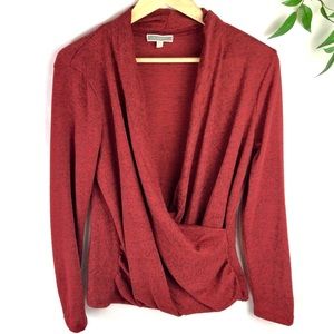 Pleione Red Long Sleeve Plunging Faux Wrap Top